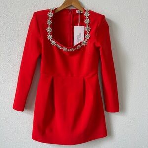 Camila Blanco Long Sleeve Mini Dress Red Size 6 Rhinestone Holiday Party